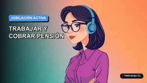 Ilustración plana vectorial de una mujer profesional trabajando remotamente con su laptop, representando el concepto de jubilación activa. Fondo con degradado suave.