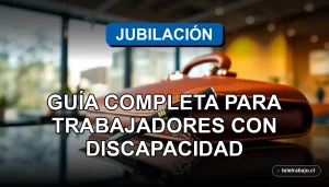 Guía de jubilación anticipada para trabajadores con discapacidad en Chile, sobre fondo de oficina corporativa.