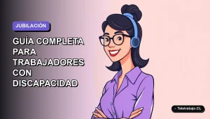 Ilustración plana corporativa de una mujer profesional con discapacidad sonriendo, sobre fondo degradado lavanda. Concepto de jubilación anticipada en Chile.
