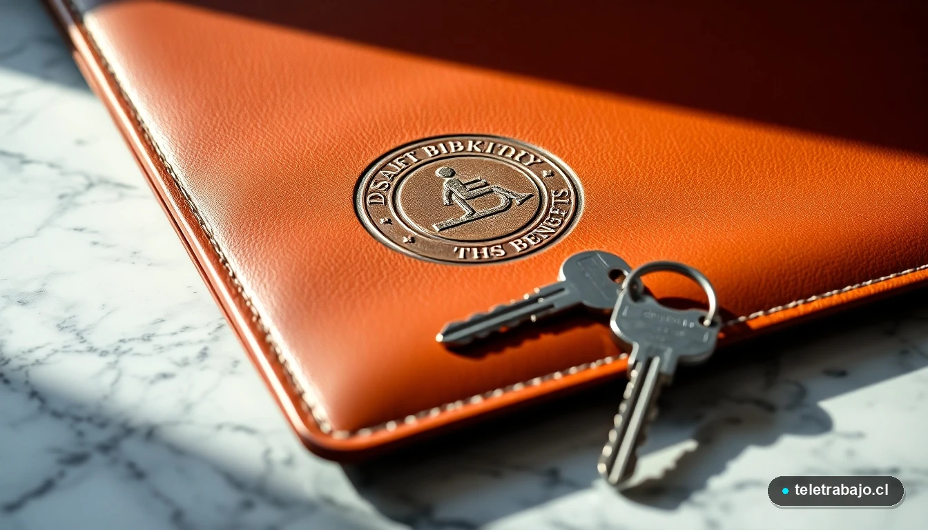 Carpeta de cuero con el sello de pensión por discapacidad junto a una llave, simbolizando el acceso a los beneficios.