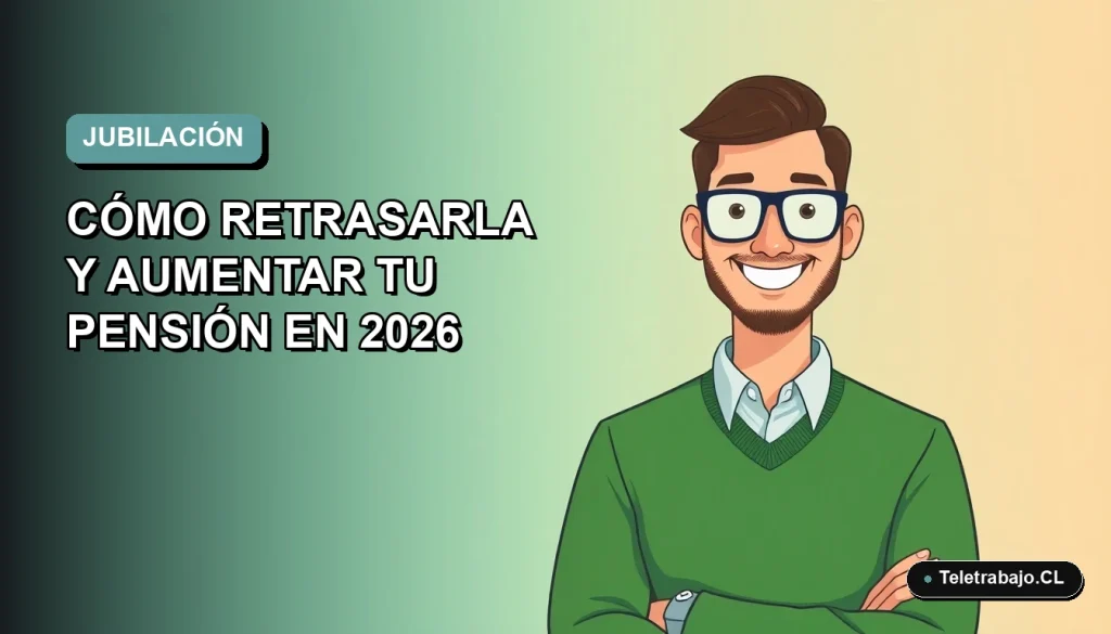 Ilustración plana corporativa de un hombre trabajador remoto con suéter verde, sobre fondo degradado azul verdoso, representando la planificación de la jubilación en Chile.
