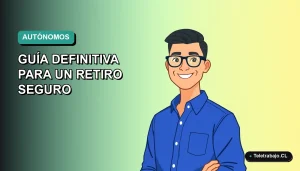 Ilustración vectorial plana de un trabajador autónomo masculino sonriente, con camisa azul y anteojos, sobre fondo degradado verde azulado. Representa la planificación del retiro para emprendedores en Chile.