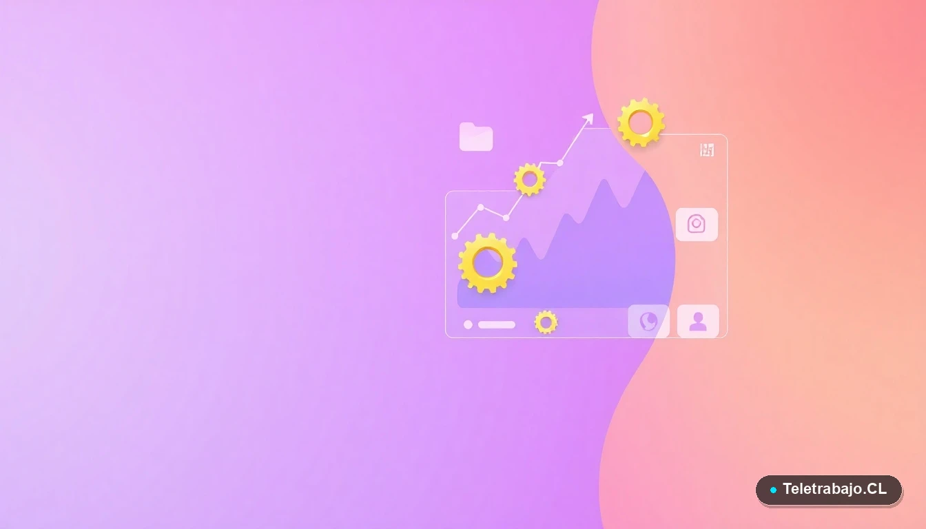 Composición abstracta de interfaz de usuario con gráficos, engranajes y carpetas flotantes en tonos lavanda y durazno, sobre fondo degradado. Concepto de planificación financiera y herramientas digitales para el retiro.