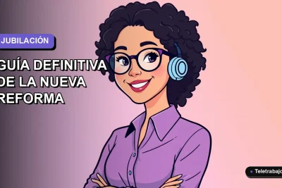 Ilustración plana corporativa de una mujer profesional feliz, con fondo degradado lavanda, representando la nueva jubilación parcial.