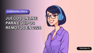 Ilustración plana vectorial de una mujer profesional remota sonriendo, con fondo degradado lavanda vacío, representando juegos online para equipos distribuidos.