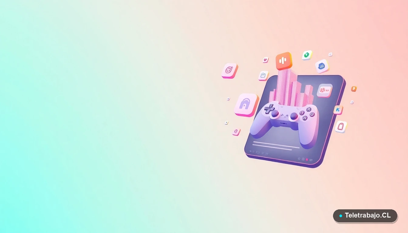 Interfaz de usuario abstracta con gráficos y iconos de conexión flotantes sobre fondo degradado menta, concepto visual para plataformas de juegos colaborativos online.