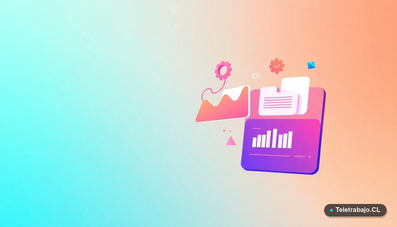 Elementos abstractos de interfaz de usuario tecnológica, con gráficos y engranajes flotantes en estilo vectorial plano, sobre fondo degradado de menta a azul verdoso.