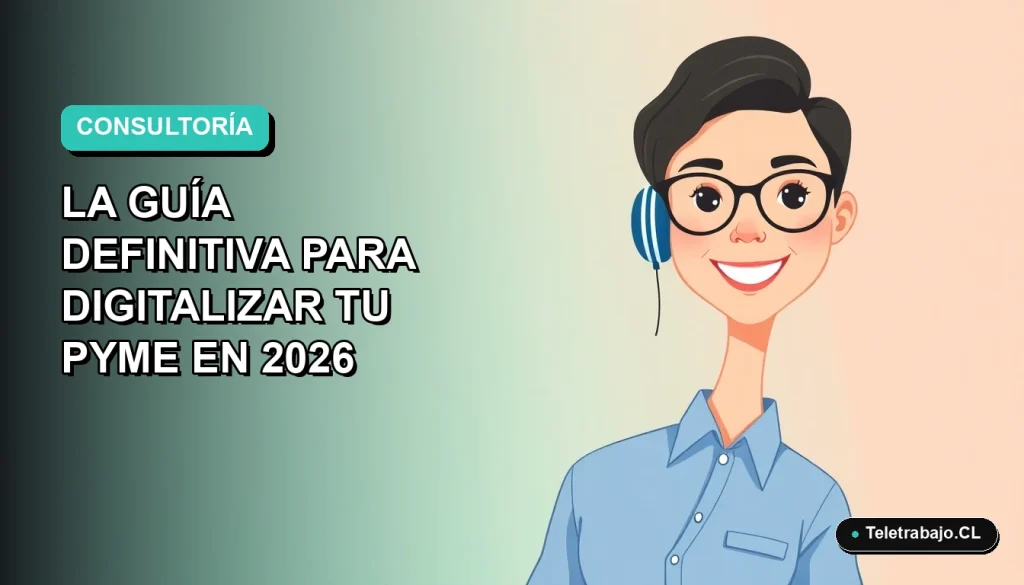Ilustración plana vectorial de una mujer profesional chilena con blusa azul, sonriendo, sobre fondo degradado verde azulado. Concepto de consultoría y digitalización para pequeñas empresas.