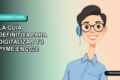 Ilustración plana vectorial de una mujer profesional chilena con blusa azul, sonriendo, sobre fondo degradado verde azulado. Concepto de consultoría y digitalización para pequeñas empresas.