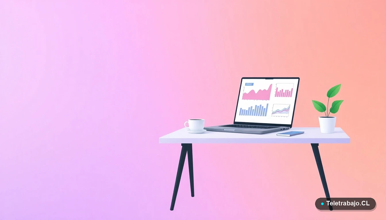 Escritorio moderno minimalista con laptop, gráficos digitales, taza de café y planta. Fondo degradado lavanda. Representa el espacio de trabajo digitalizado para una pyme.