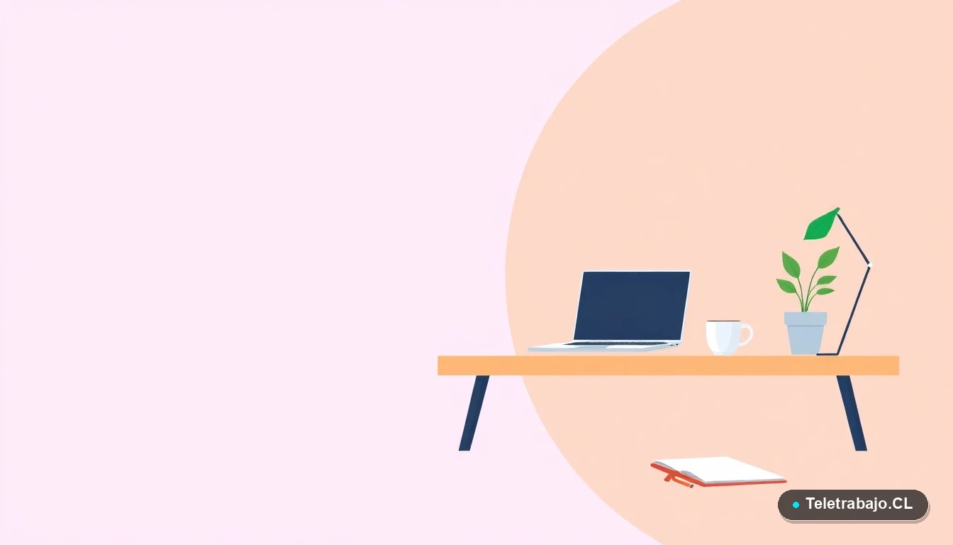 Escritorio moderno minimalista para teletrabajo, con laptop, café y planta, en estilo de ilustración vectorial plana. Fondo degradado lavanda y durazno.