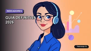 Ilustración plana vectorial de una mujer profesional de teletrabajo con blusa azul, junto a gráficos flotantes de KPIs, sobre fondo degradado lavanda.