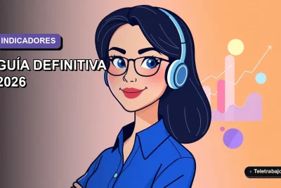Ilustración plana vectorial de una mujer profesional de teletrabajo con blusa azul, junto a gráficos flotantes de KPIs, sobre fondo degradado lavanda.