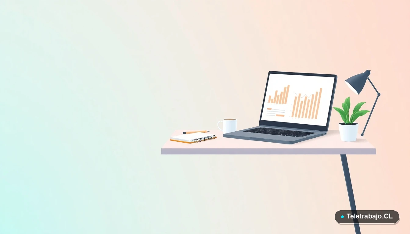 Escritorio moderno minimalista para teletrabajo con laptop, gráficos en pantalla, taza de café y planta, sobre fondo degradado verde menta.