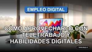 Oficina moderna en casa con laptop y gráficos abstractos en pantalla, representando el teletrabajo y las habilidades digitales para el boom del empleo.