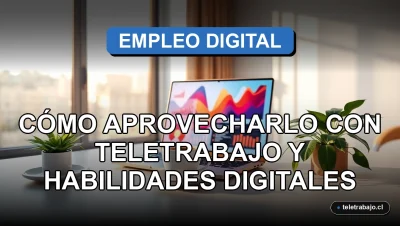 Oficina moderna en casa con laptop y gráficos abstractos en pantalla, representando el teletrabajo y las habilidades digitales para el boom del empleo.