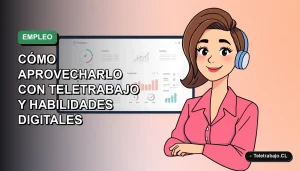 Ilustración vectorial plana de una mujer profesional trabajando de forma remota con una laptop, sobre un fondo degradado suave, representando el crecimiento del empleo y las habilidades digitales.