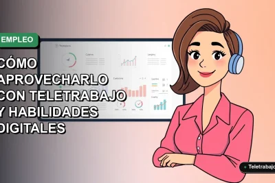 Ilustración vectorial plana de una mujer profesional trabajando de forma remota con una laptop, sobre un fondo degradado suave, representando el crecimiento del empleo y las habilidades digitales.