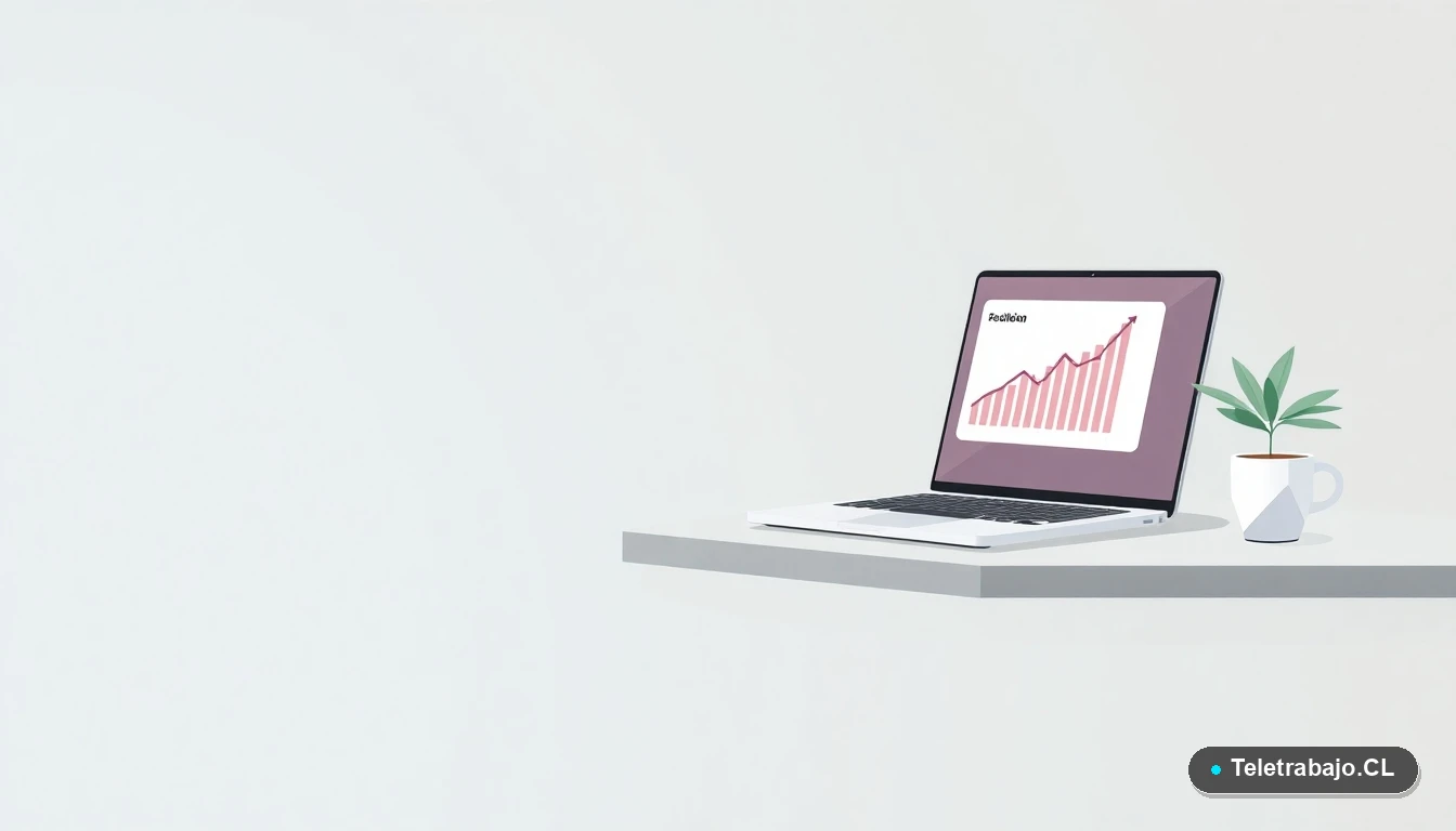 Escritorio moderno minimalista para teletrabajo con laptop, gráfico de crecimiento y planta, sobre fondo degradado, simbolizando productividad y oportunidades digitales.