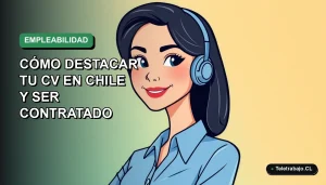 Ilustración plana corporativa de una mujer profesional chilena sonriente, con blusa azul, mirando confiada. Fondo con gradiente suave de verde esmeralda a azul claro, espacio negativo a la izquierda.