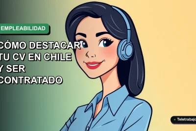 Ilustración plana corporativa de una mujer profesional chilena sonriente, con blusa azul, mirando confiada. Fondo con gradiente suave de verde esmeralda a azul claro, espacio negativo a la izquierda.
