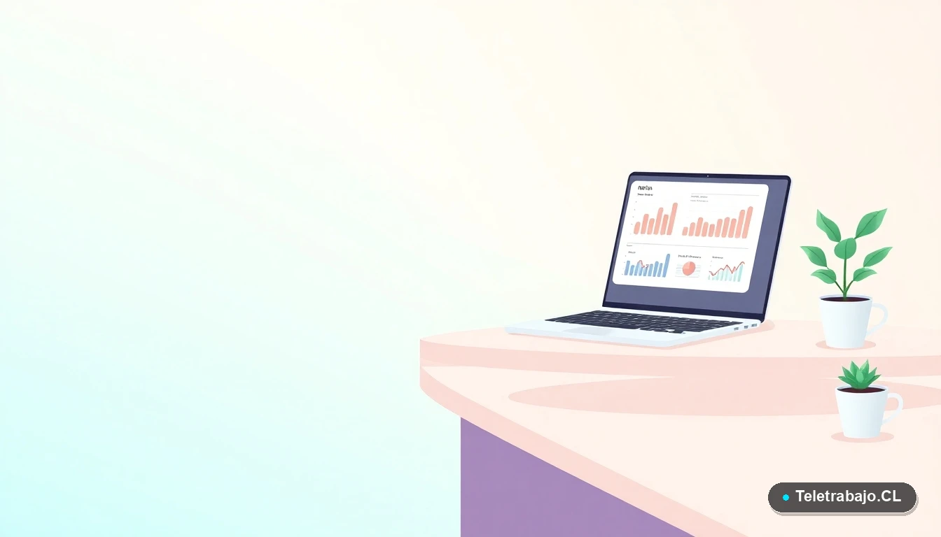 Escritorio moderno minimalista con laptop, taza de café y planta, sobre fondo con gradiente de menta y verde azulado. Ilustración vectorial plana estilo startup tecnológica.