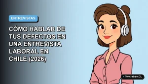Ilustración vectorial plana de una mujer profesional chilena en entrevista laboral, con fondo degradado azul.