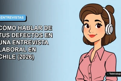 Ilustración vectorial plana de una mujer profesional chilena en entrevista laboral, con fondo degradado azul.