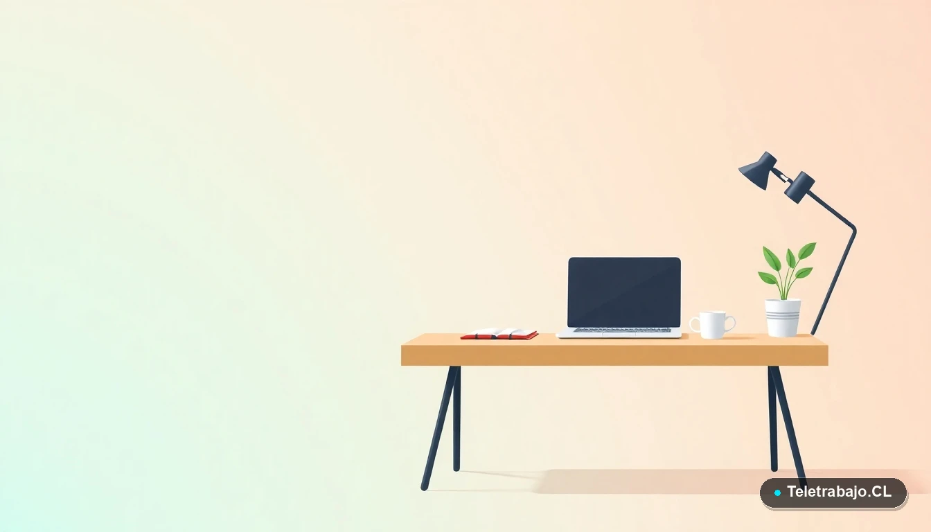 Escritorio moderno minimalista con laptop, cuaderno y taza de café, ilustración vectorial plana con fondo degradado verde menta.