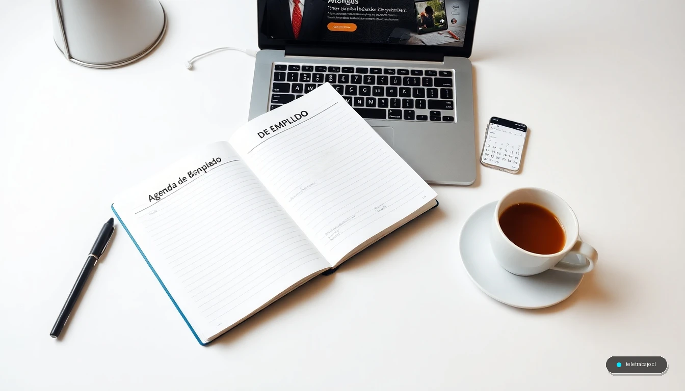 Escritorio organizado con agenda de búsqueda de empleo, portátil y herramientas digitales para planificar la carrera profesional