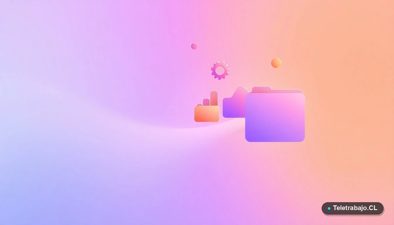 Composición abstracta de interfaz de usuario con gráficos flotantes y iconos de carpeta y engranaje en colores lavanda y durazno, sobre fondo degradado, concepto de proceso de selección tecnológico.