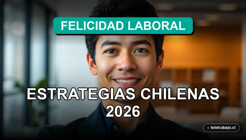 Guía de felicidad en el trabajo con estrategias chilenas para el 2026, mostrando un ambiente profesional moderno.