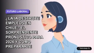 Ilustración vectorial plana de una mujer profesional chilena con blusa azul y corte bob, mirando pensativamente hacia un espacio vacío, fondo degradado lavanda y gris. Concepto de inteligencia artificial y mercado laboral.
