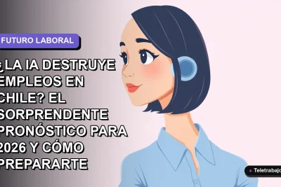 Ilustración vectorial plana de una mujer profesional chilena con blusa azul y corte bob, mirando pensativamente hacia un espacio vacío, fondo degradado lavanda y gris. Concepto de inteligencia artificial y mercado laboral.