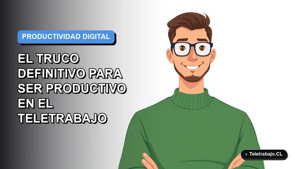 Ilustración plana vectorial de un hombre trabajador remoto moderno con suéter verde, sobre fondo degradado azul y blanco, representando la productividad en el teletrabajo.