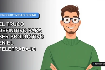 Ilustración plana vectorial de un hombre trabajador remoto moderno con suéter verde, sobre fondo degradado azul y blanco, representando la productividad en el teletrabajo.