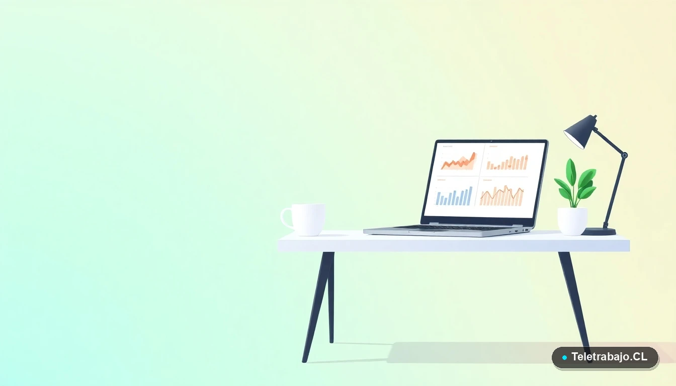 Escritorio moderno minimalista para teletrabajo con laptop, taza de café y planta, sobre fondo degradado en tonos menta y verde azulado.