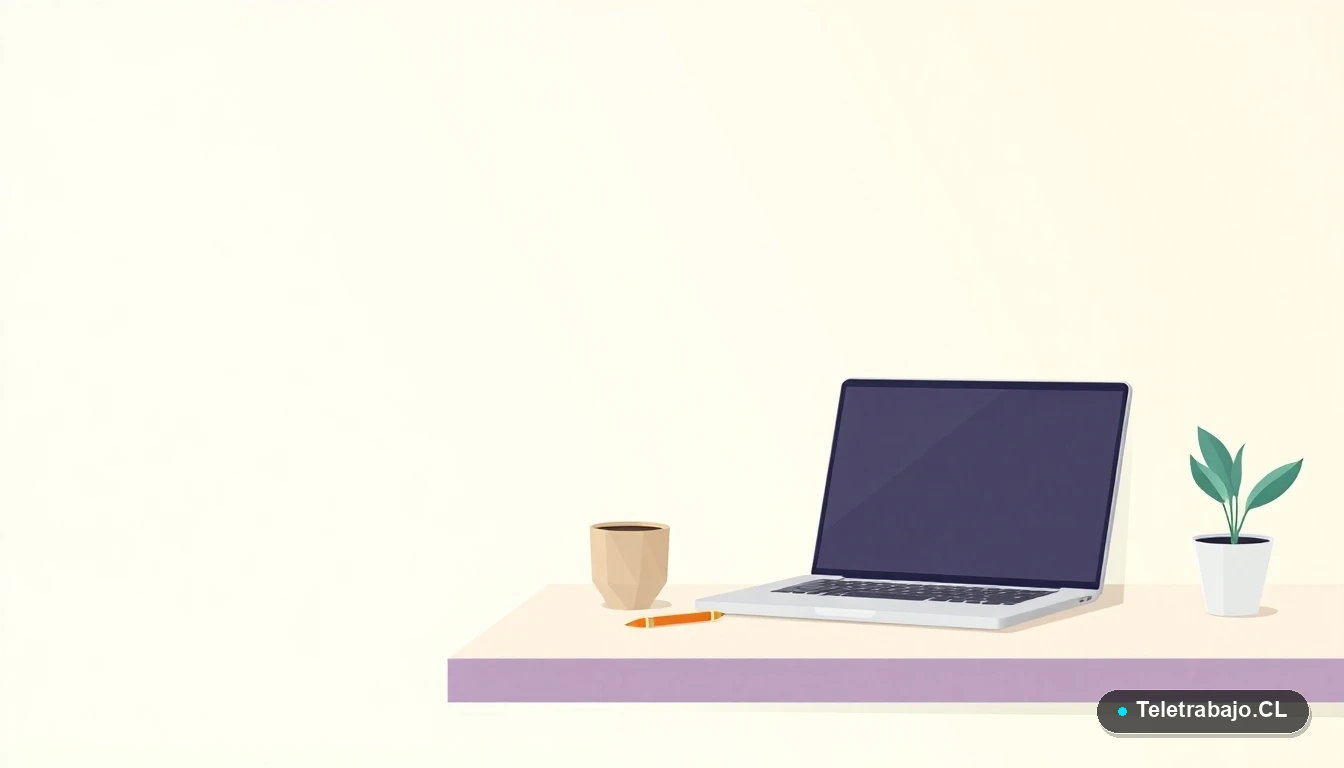 Escritorio moderno minimalista para teletrabajo con laptop, cuaderno y taza de café, ilustración plana con fondo degradado verde menta.