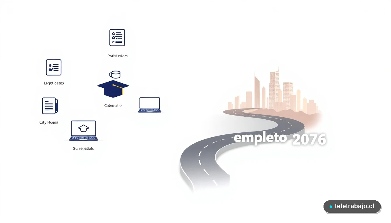 Infografía de la Ruta del Empleo 2026 en Chile con iconos de capacitación, currículum y herramientas digitales.