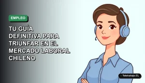 Ilustración plana vectorial de una mujer profesional chilena con blusa azul y pelo corto, sobre fondo degradado verde, representando el éxito laboral futuro.