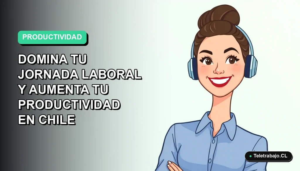 Ilustración vectorial plana de una mujer profesional chilena con blusa azul y pelo recogido, sonriendo mientras usa la Técnica Pomodoro para mejorar su productividad laboral. Fondo con gradiente suave de menta.