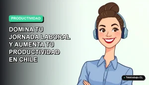 Ilustración vectorial plana de una mujer profesional chilena con blusa azul y pelo recogido, sonriendo mientras usa la Técnica Pomodoro para mejorar su productividad laboral. Fondo con gradiente suave de menta.