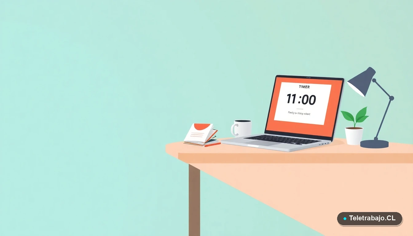 Escritorio moderno minimalista con laptop, cuaderno de notas, taza de café y una planta suculenta, representando el entorno ideal para aplicar la Técnica Pomodoro 2026. Fondo con gradiente de verde azulado.