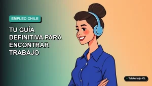 Ilustración plana vectorial de una mujer profesional chilena sonriente, con blusa azul y pelo recogido, sobre fondo degradado verde azulado. Representa las Lanzaderas de Empleo 2026.