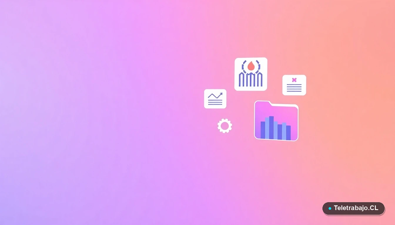 Ilustración abstracta de interfaz de usuario tecnológica con gráficos flotantes, un engranaje y una carpeta, sobre fondo degradado lavanda y durazno, representando herramientas digitales de búsqueda de empleo.