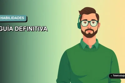 Ilustración vectorial plana de un trabajador remoto masculino con suéter verde, sobre un fondo degradado suave, representando las habilidades clave para el éxito profesional en Chile.