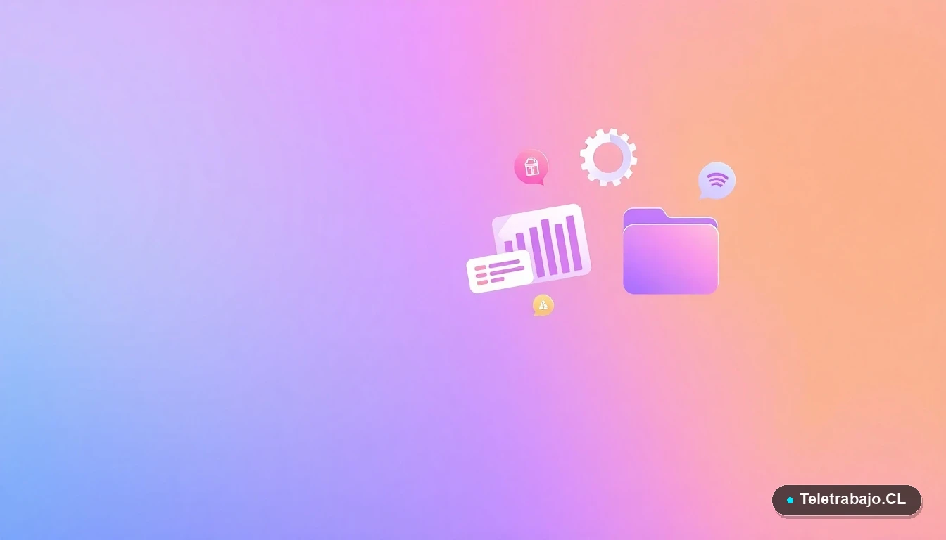 Composición abstracta de interfaz de usuario con gráficos flotantes y iconos de engranaje y carpeta, en estilo vectorial plano sobre fondo degradado lavanda, representando conceptos tecnológicos y de productividad.