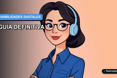 Ilustración vectorial plana de una mujer profesional chilena de teletrabajo, con blusa azul y peinado moderno, sobre fondo degradado azul y gris. Representa las habilidades digitales más demandadas.