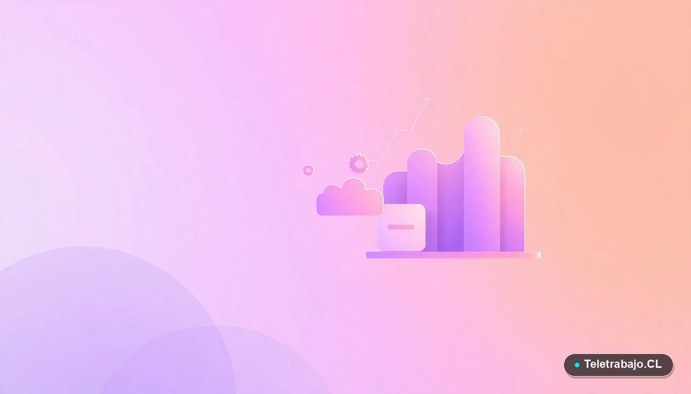 Elementos de interfaz de usuario abstractos y coloridos, como gráficos y engranajes flotantes, sobre fondo degradado verde menta. Representación visual de tecnología y datos.