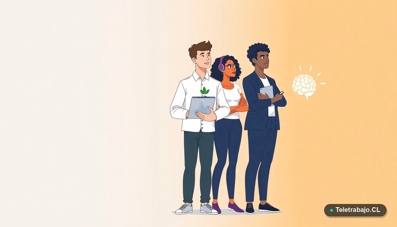 Jóvenes profesionales chilenos analizando las carreras del futuro en 2026, ilustración plana moderna.